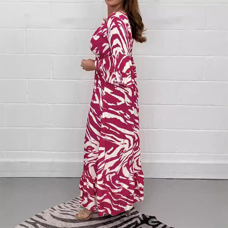 Robe à rayures zébrées et col en V, manches 3/4