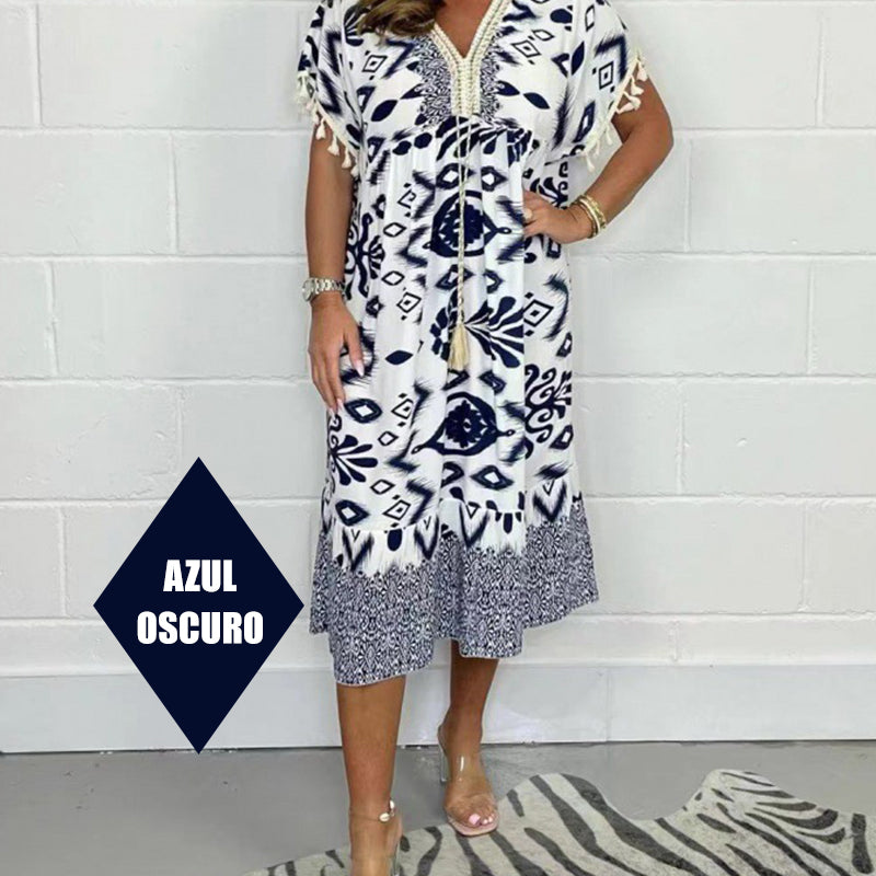 ✨Robe décontractée imprimée avec col en V et manches courtes à franges