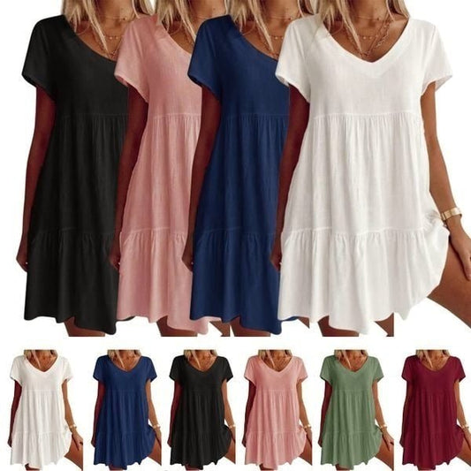 （2pcs free shipping）Robe décontractée à manches courtes et col en V en coton mélangé dans un tissu grande taille