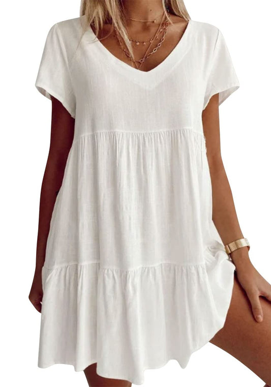 （2pcs free shipping）Robe décontractée à manches courtes et col en V en coton mélangé dans un tissu grande taille