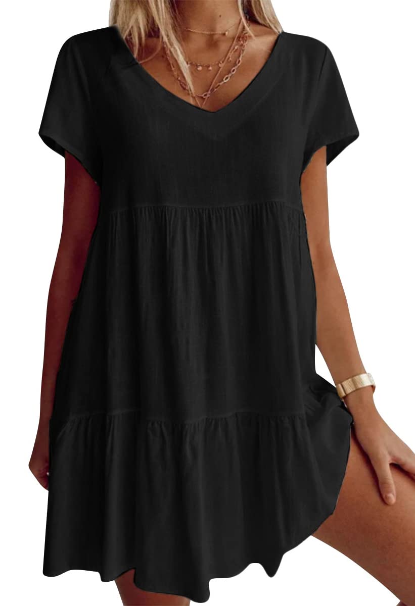 （2pcs free shipping）Robe décontractée à manches courtes et col en V en coton mélangé dans un tissu grande taille