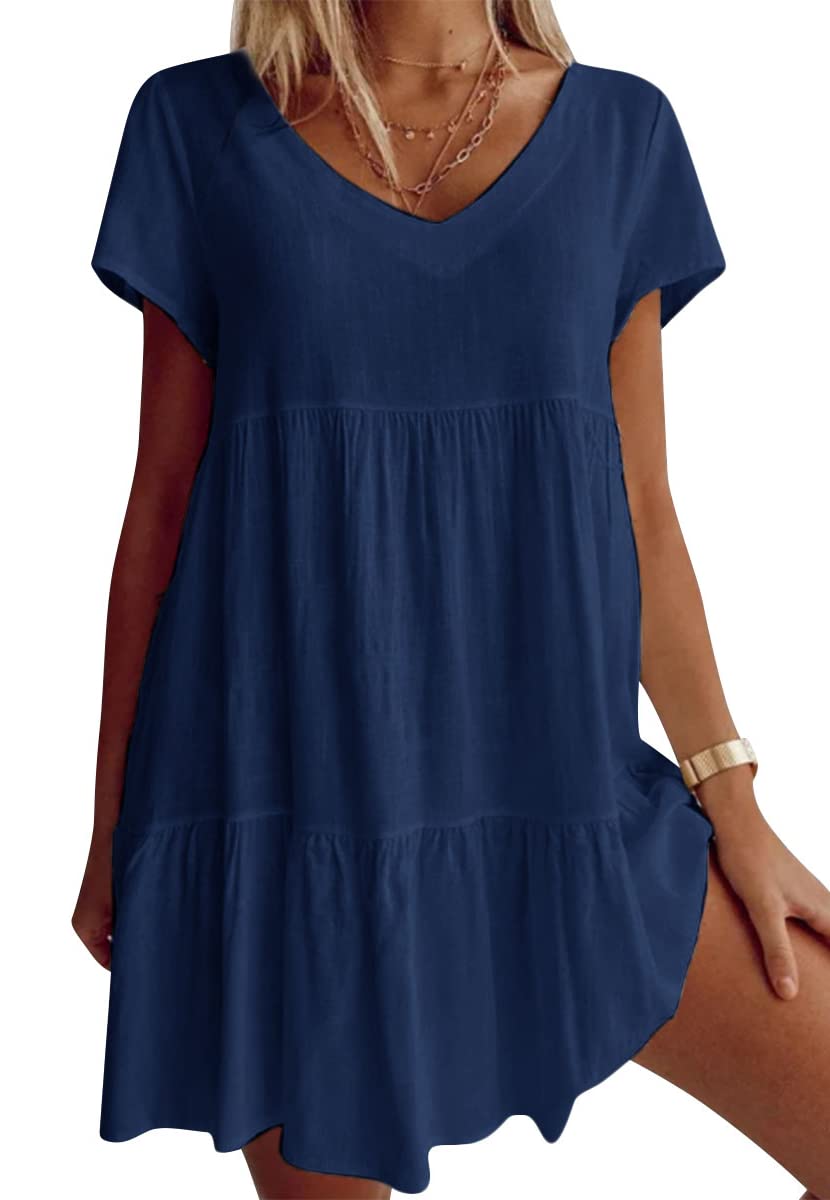 （2pcs free shipping）Robe décontractée à manches courtes et col en V en coton mélangé dans un tissu grande taille