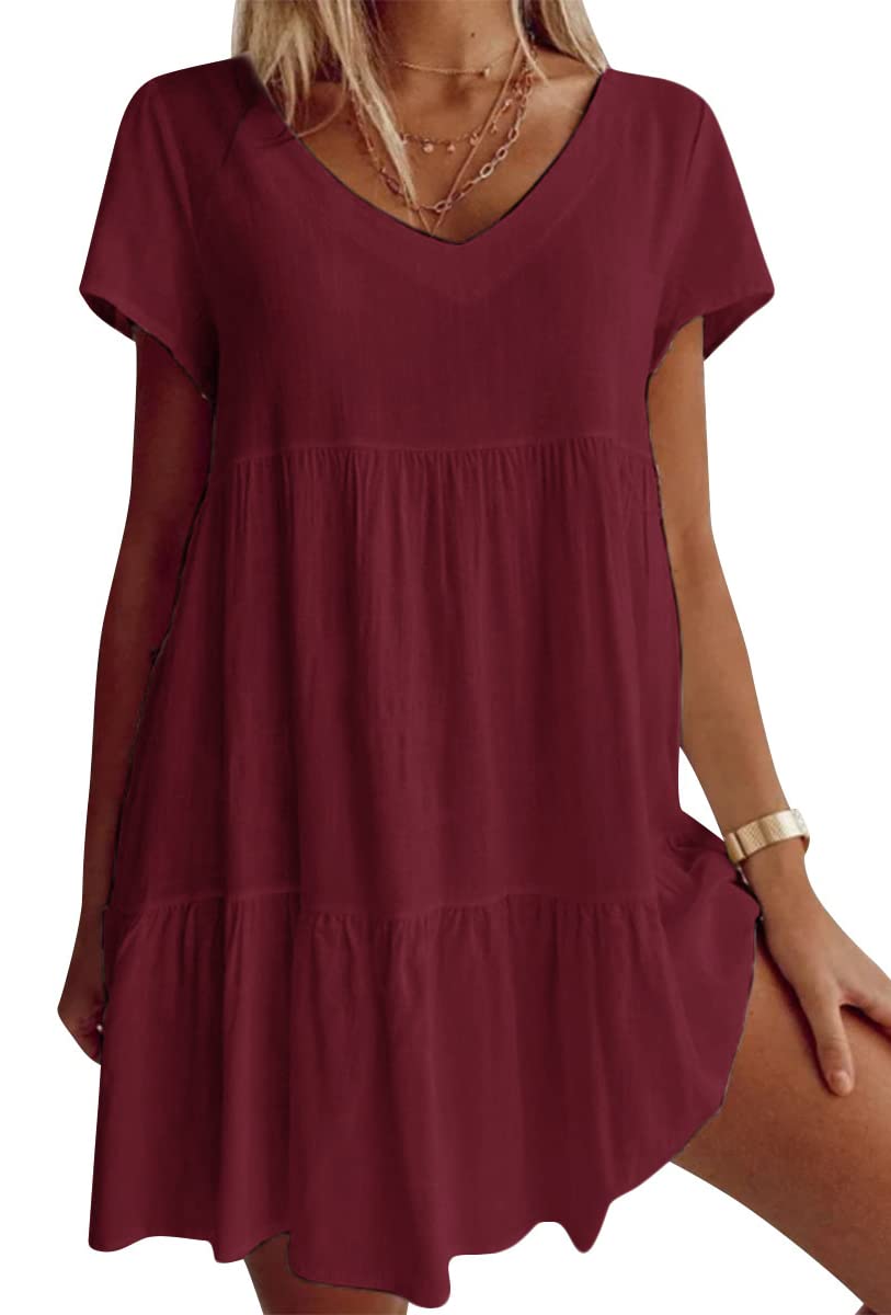 （2pcs free shipping）Robe décontractée à manches courtes et col en V en coton mélangé dans un tissu grande taille