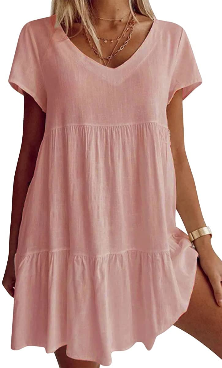 （2pcs free shipping）Robe décontractée à manches courtes et col en V en coton mélangé dans un tissu grande taille