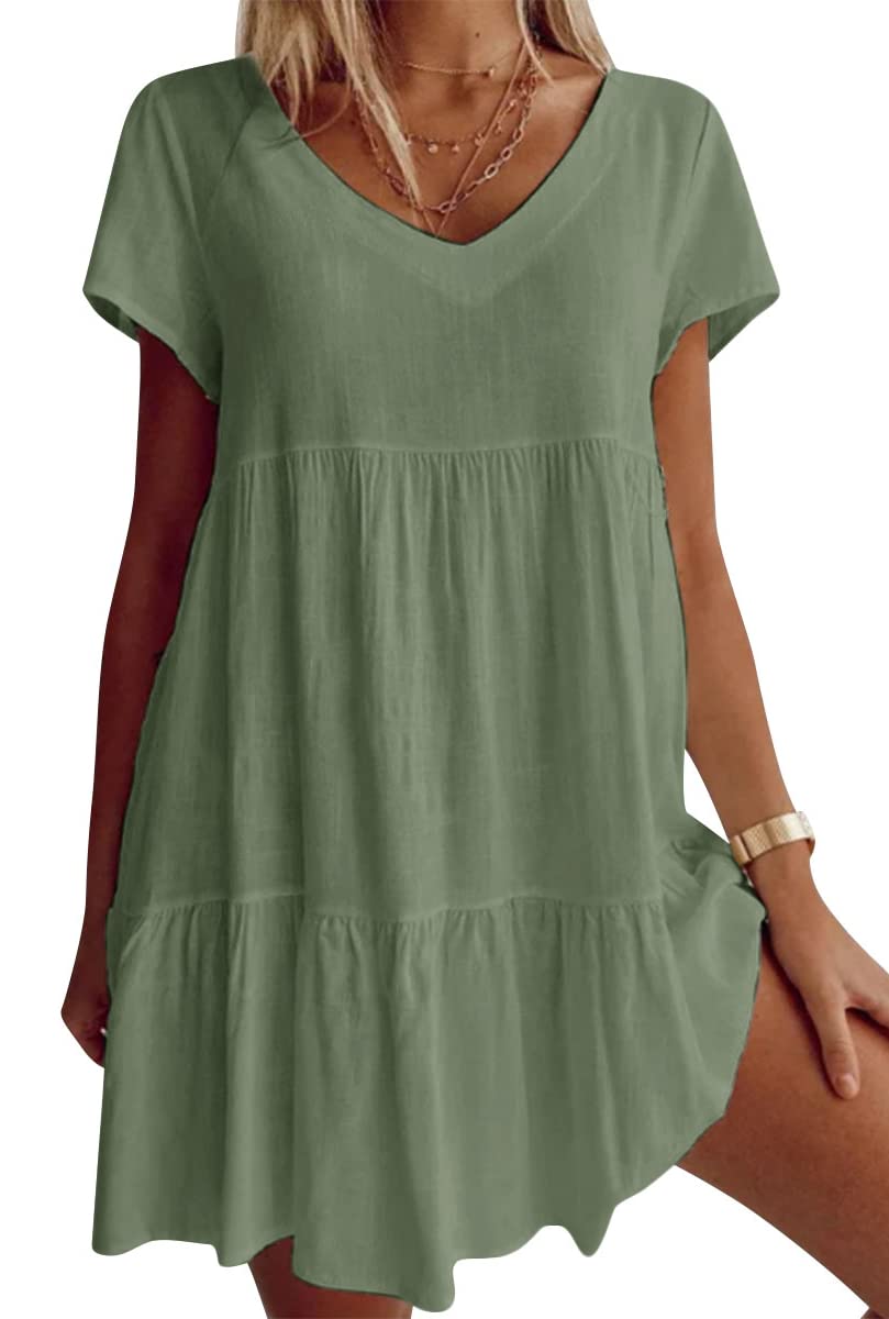 （2pcs free shipping）Robe décontractée à manches courtes et col en V en coton mélangé dans un tissu grande taille