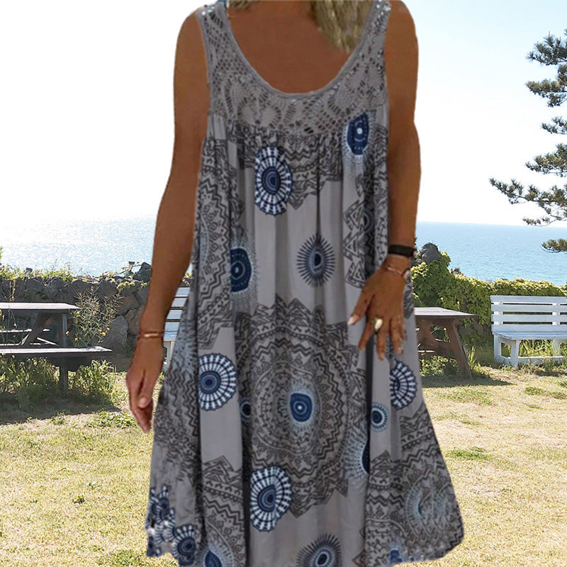 🔥Robe sans manches à col rond imprimée pour femmes