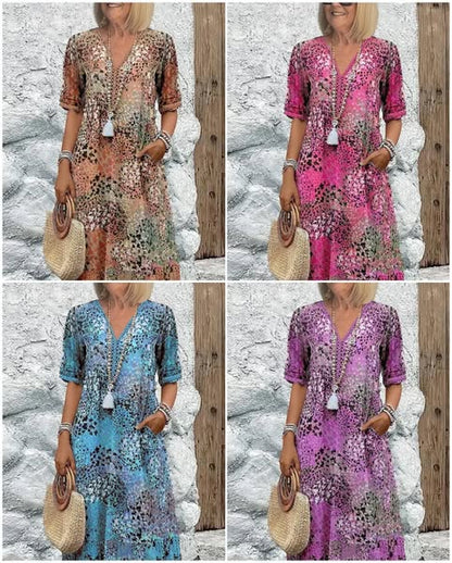 💥Printemps 40% de réduction🌤️Robe midi à col en V imprimée Vivid pour femmes