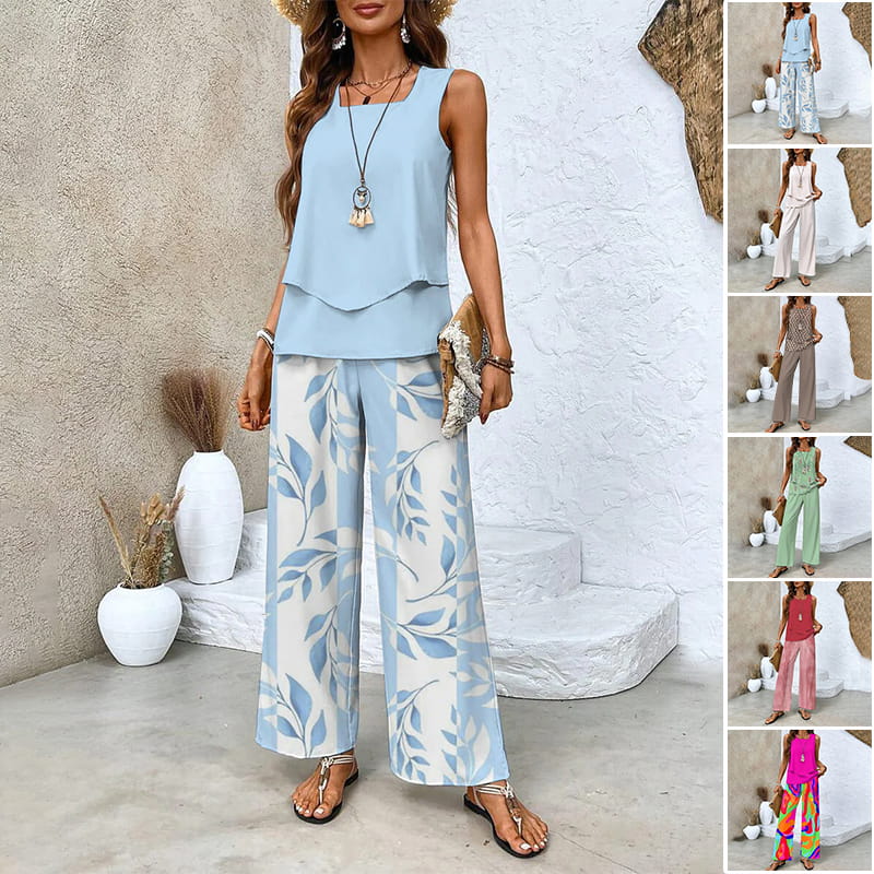 🔥 Hot Sale 50% OFF🌺Ensemble 2 pièces à imprimé tendance pour femmes - Top et pantalon sans manches