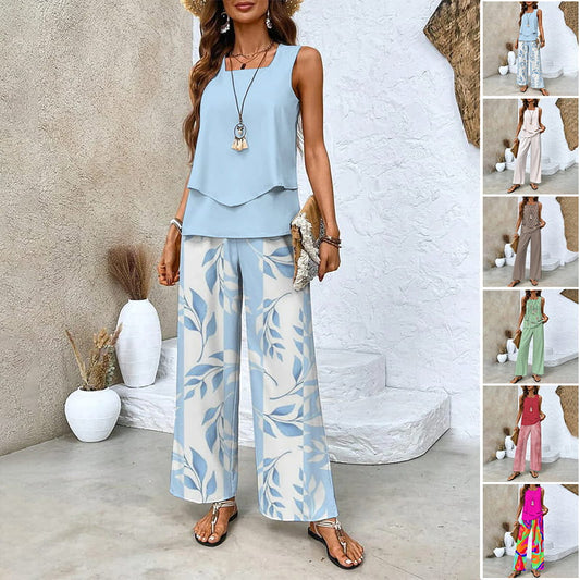 🔥 Hot Sale 50% OFF🌺Ensemble 2 pièces à imprimé tendance pour femmes - Top et pantalon sans manches
