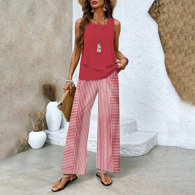 🔥 Hot Sale 50% OFF🌺Ensemble 2 pièces à imprimé tendance pour femmes - Top et pantalon sans manches