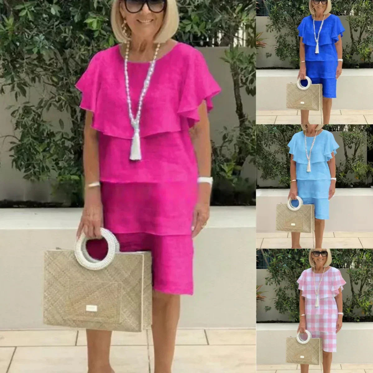Robe en mousseline de soie longueur genou avec manches courtes et volants