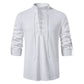 Chemise Henley pour homme en coton et lin, à col montant et manches longues
