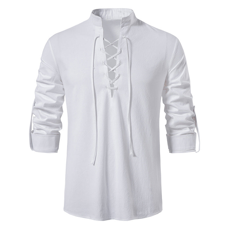 Chemise Henley pour homme en coton et lin, à col montant et manches longues