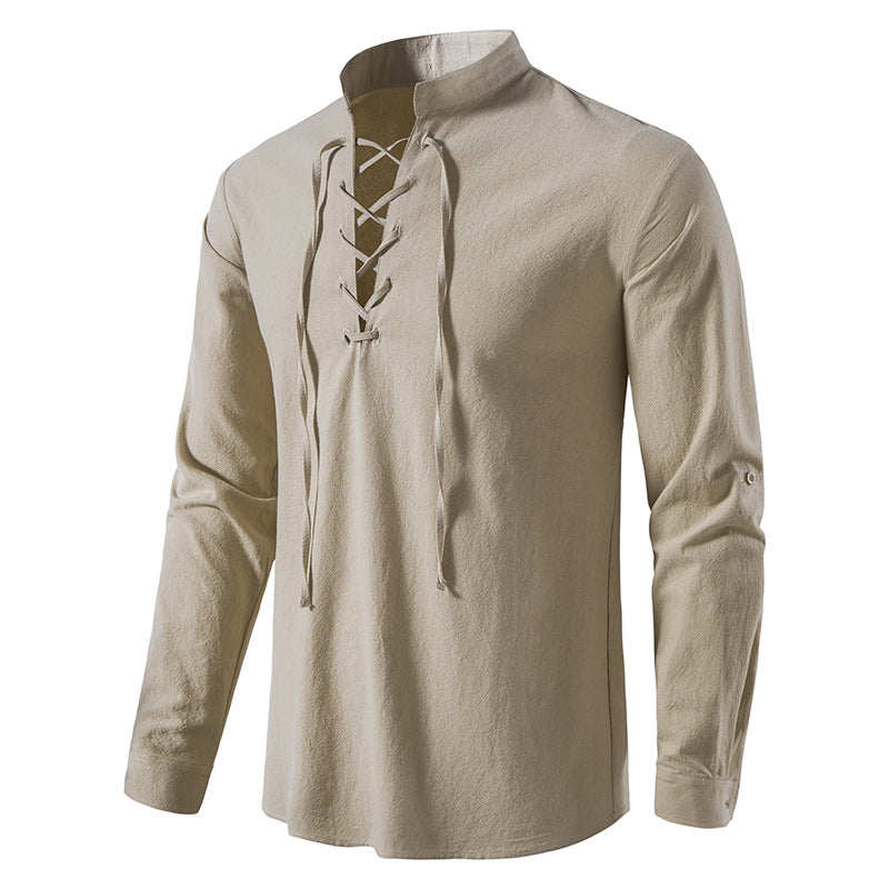 Chemise Henley pour homme en coton et lin, à col montant et manches longues