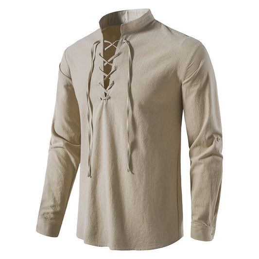 Chemise Henley pour homme en coton et lin, à col montant et manches longues
