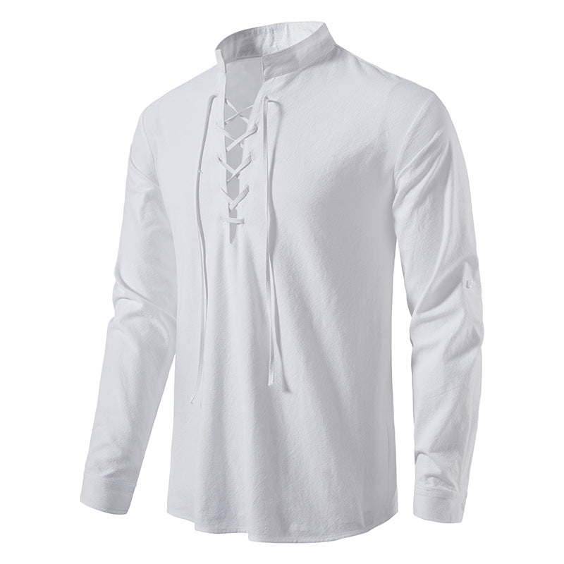 Chemise Henley pour homme en coton et lin, à col montant et manches longues