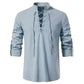 Chemise Henley pour homme en coton et lin, à col montant et manches longues