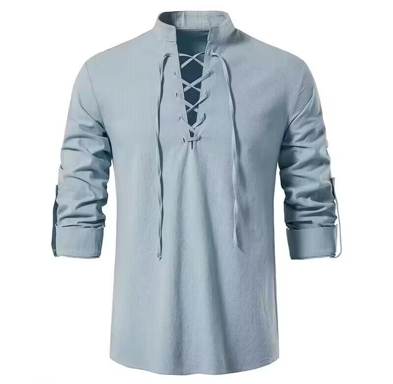 Chemise Henley pour homme en coton et lin, à col montant et manches longues