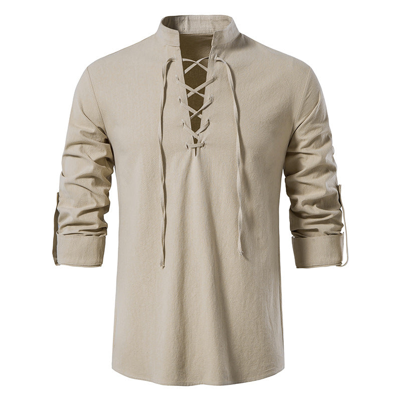 Chemise Henley pour homme en coton et lin, à col montant et manches longues