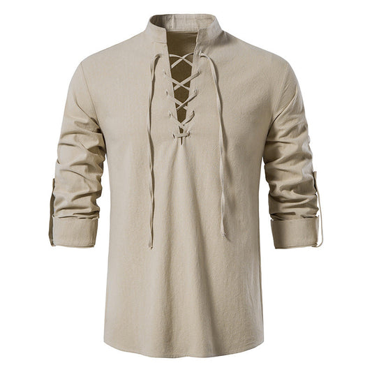 Chemise Henley pour homme en coton et lin, à col montant et manches longues