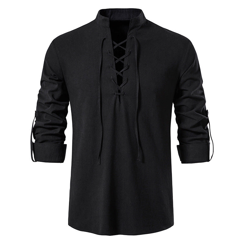 Chemise Henley pour homme en coton et lin, à col montant et manches longues