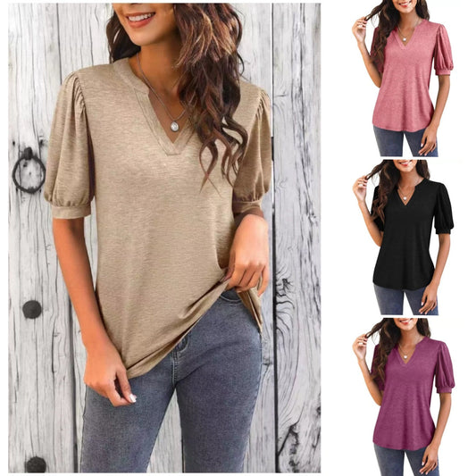 🔥Prix super spécial - 50 % de réduction👚T-shirt élégant à manches courtes et à col en V pour femmes, décontracté et bouffant