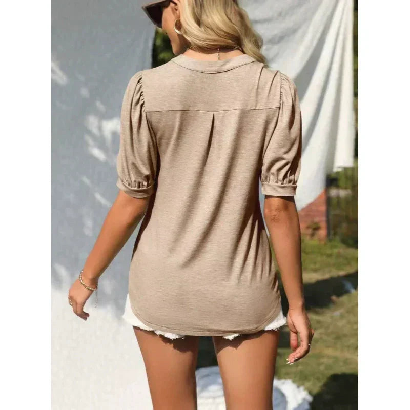 🔥Prix super spécial - 50 % de réduction👚T-shirt élégant à manches courtes et à col en V pour femmes, décontracté et bouffant