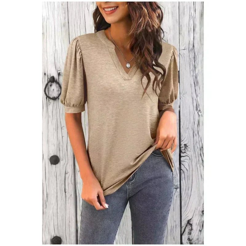 🔥Prix super spécial - 50 % de réduction👚T-shirt élégant à manches courtes et à col en V pour femmes, décontracté et bouffant