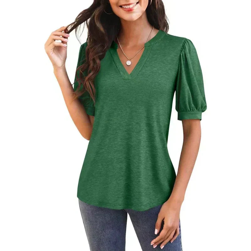 🔥Prix super spécial - 50 % de réduction👚T-shirt élégant à manches courtes et à col en V pour femmes, décontracté et bouffant