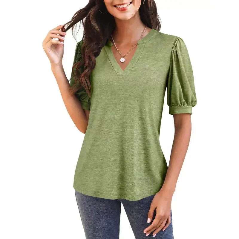 🔥Prix super spécial - 50 % de réduction👚T-shirt élégant à manches courtes et à col en V pour femmes, décontracté et bouffant