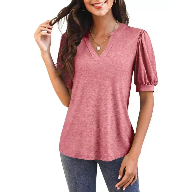 🔥Prix super spécial - 50 % de réduction👚T-shirt élégant à manches courtes et à col en V pour femmes, décontracté et bouffant