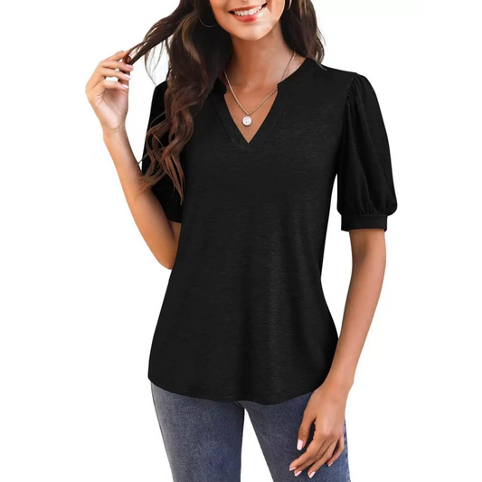 🔥Prix super spécial - 50 % de réduction👚T-shirt élégant à manches courtes et à col en V pour femmes, décontracté et bouffant