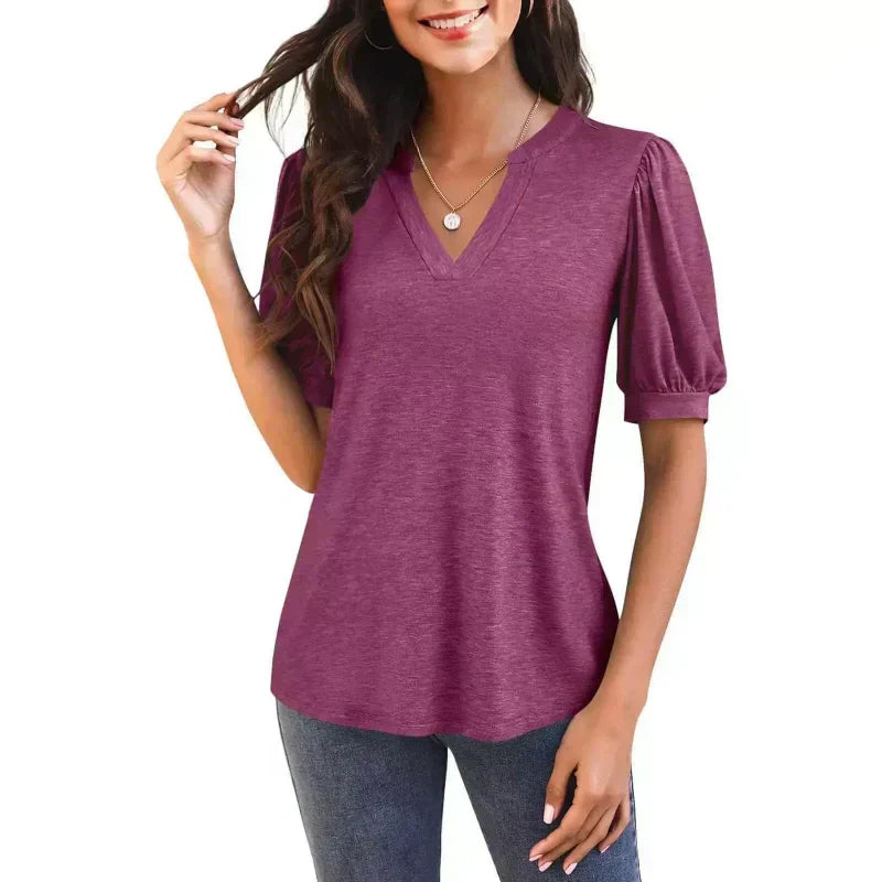 🔥Prix super spécial - 50 % de réduction👚T-shirt élégant à manches courtes et à col en V pour femmes, décontracté et bouffant