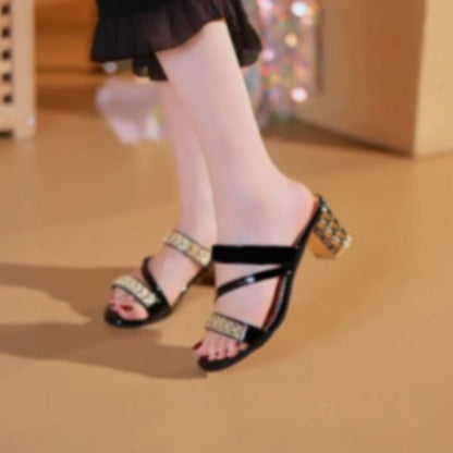 Sandales à talon bloc pour femmes avec embellissement en strass