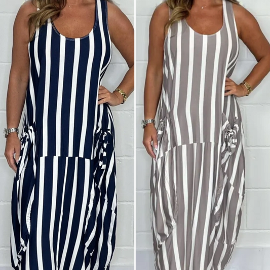 🌸Prix spécial 🌸👗Robe longue avec poches rayées sans manches surdimensionnées
