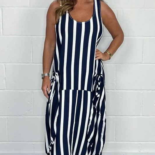 🌸Prix spécial 🌸👗Robe longue avec poches rayées sans manches surdimensionnées