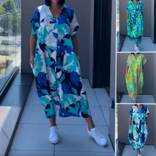 👗 50% DE RÉDUCTION ! 🌸 Robe décontractée élégante à imprimé et encolure V pour femmes – Tissu fluide, coupe flatteuse et parfaite pour le printemps ☀️