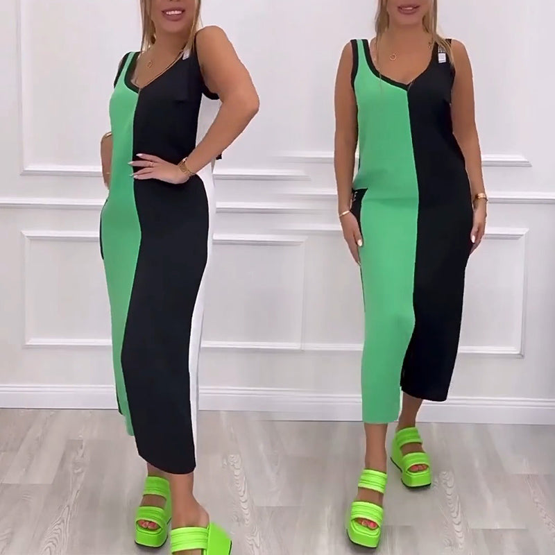 🌸Réduction de 50% pour l'été 💐 Robe en tricot sans manches à col en V et à couleurs contrastées
