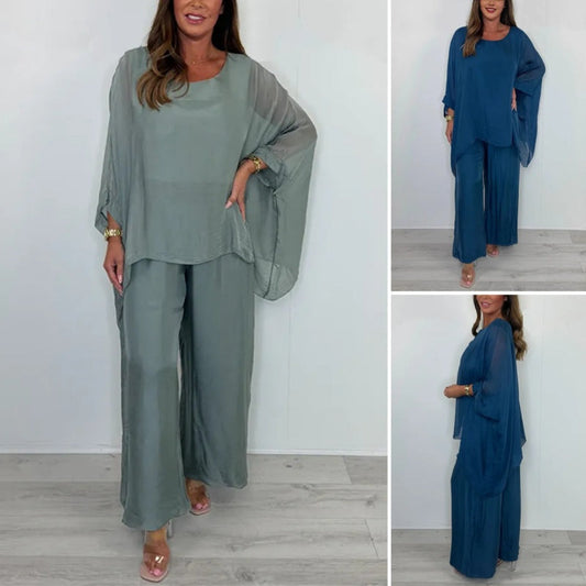 ⏰50% de réduction pour une durée limitée✨  Ensemble élégant et décontracté composé d'un haut en mousseline et d'un pantalon à jambes larges