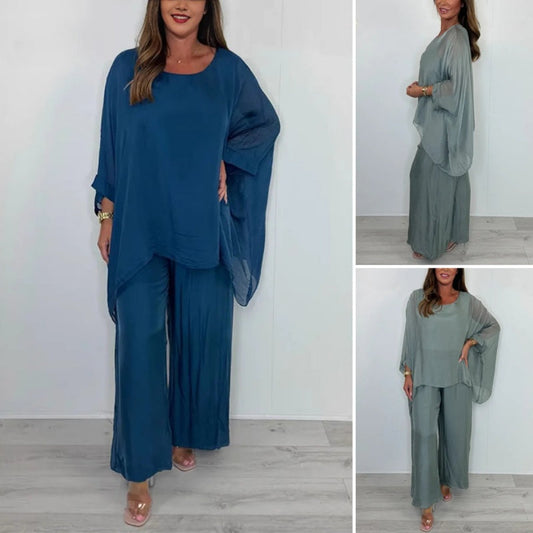⏰50% de réduction pour une durée limitée✨  Ensemble élégant et décontracté composé d'un haut en mousseline et d'un pantalon à jambes larges
