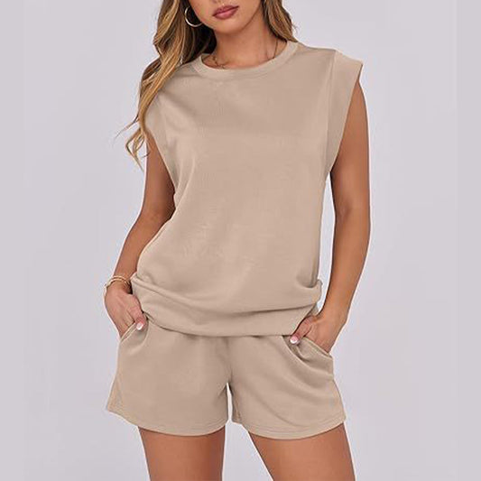 Haut pour femmes avec col rond et short avec cordon de serrage, 2 pièces