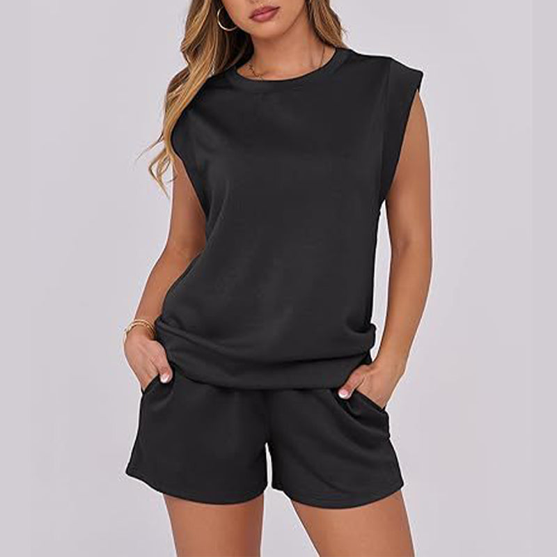 Haut pour femmes avec col rond et short avec cordon de serrage, 2 pièces