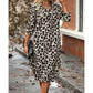 Leopard Print Button Front Roll Sleeve Midi Dress