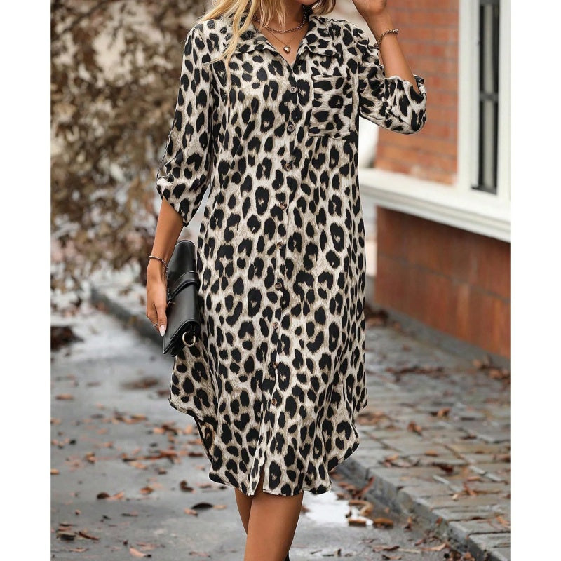 Leopard Print Button Front Roll Sleeve Midi Dress