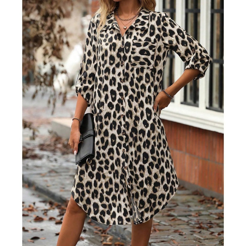 Leopard Print Button Front Roll Sleeve Midi Dress