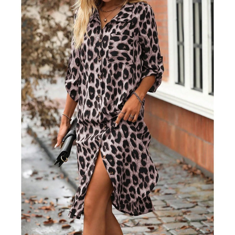 Leopard Print Button Front Roll Sleeve Midi Dress
