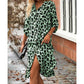 Leopard Print Button Front Roll Sleeve Midi Dress