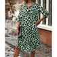 Leopard Print Button Front Roll Sleeve Midi Dress