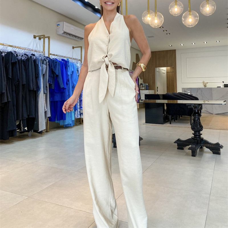 Ensemble de 2 dos nu sans manches et pantalon large à taille haute pour femmes