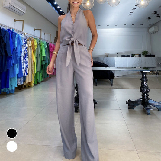Ensemble de 2 dos nu sans manches et pantalon large à taille haute pour femmes